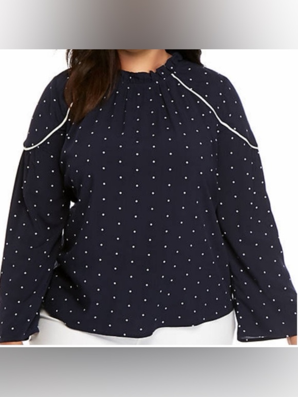 crown & ivy Navy Polka Dot Long Sleeve Blouse with White Piping